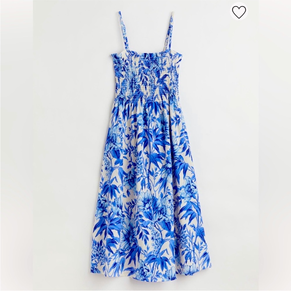h&m floral smocked maxi dress - blue & white, size small!
